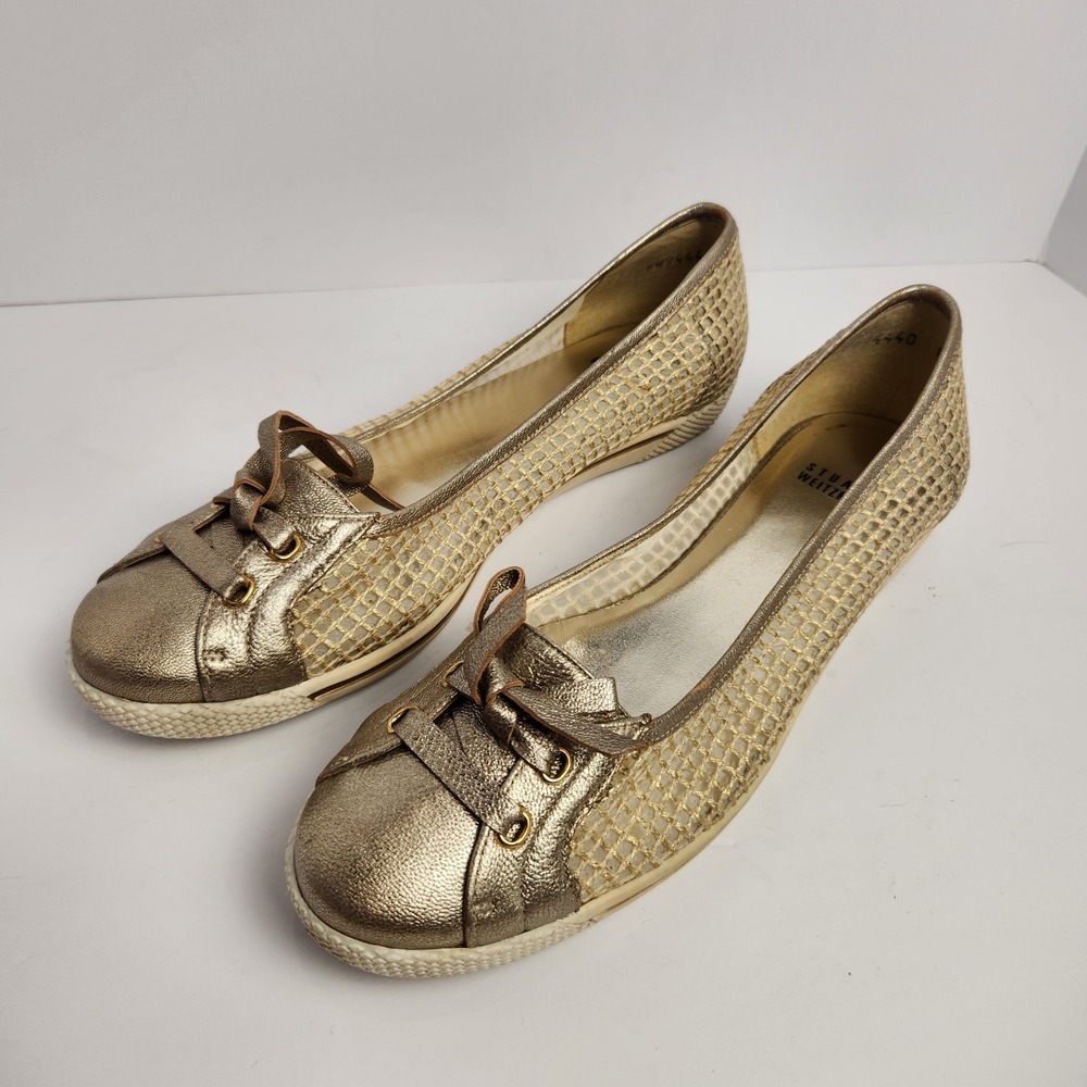 Stuart Weitzman Women's Preppy Elegant Mesh Metallic Gold Flat‎ Shoes Size 9M